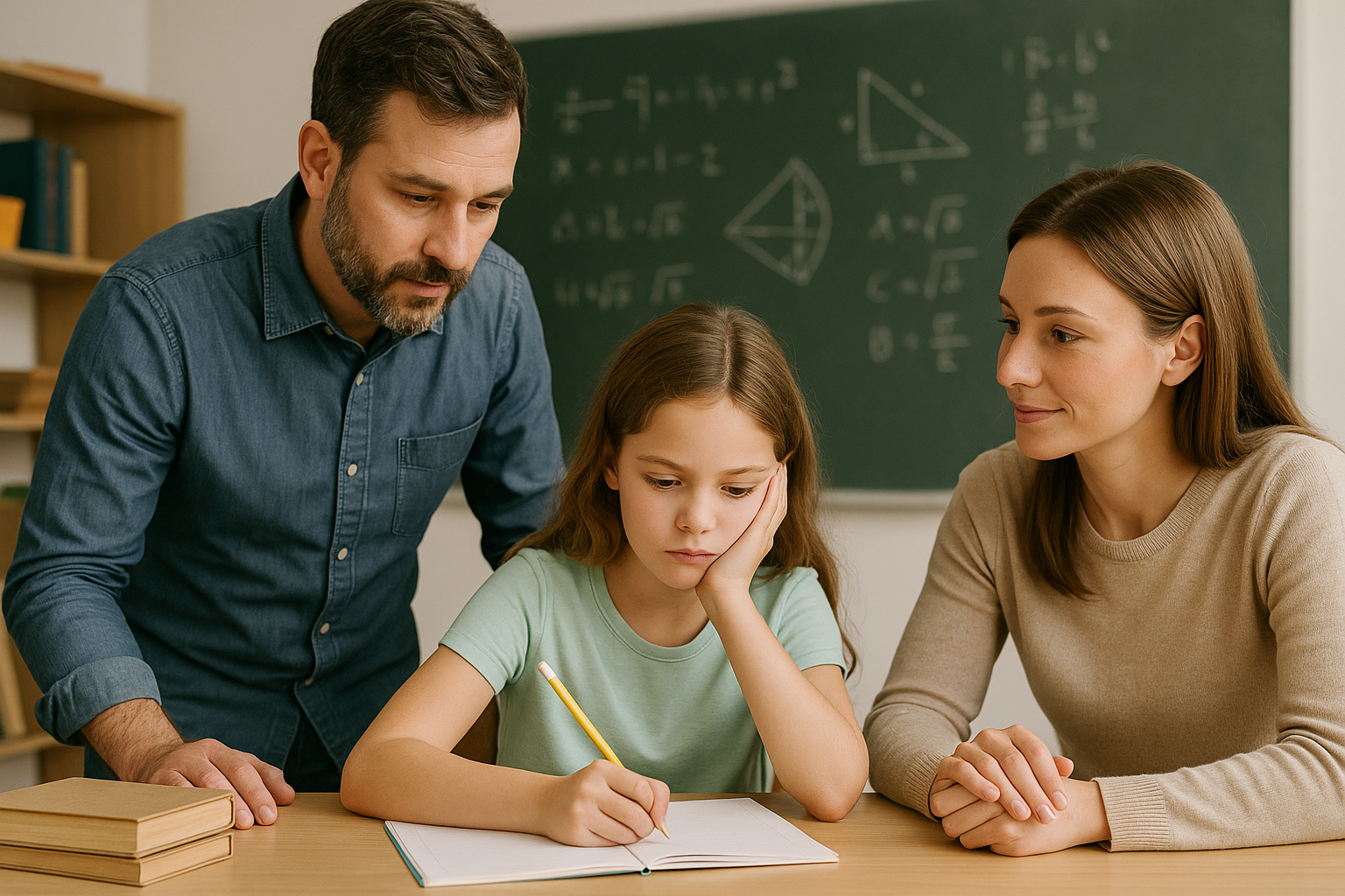 Ein Mädchen sitzt an einem Schultisch und schreibt in ein Heft, während Mutter und Vater sie liebevoll und aufmerksam unterstützen. Im Hintergrund eine Tafel mit mathematischen Zeichnungen, die Szene wirkt ruhig, freundlich und unterstützend.