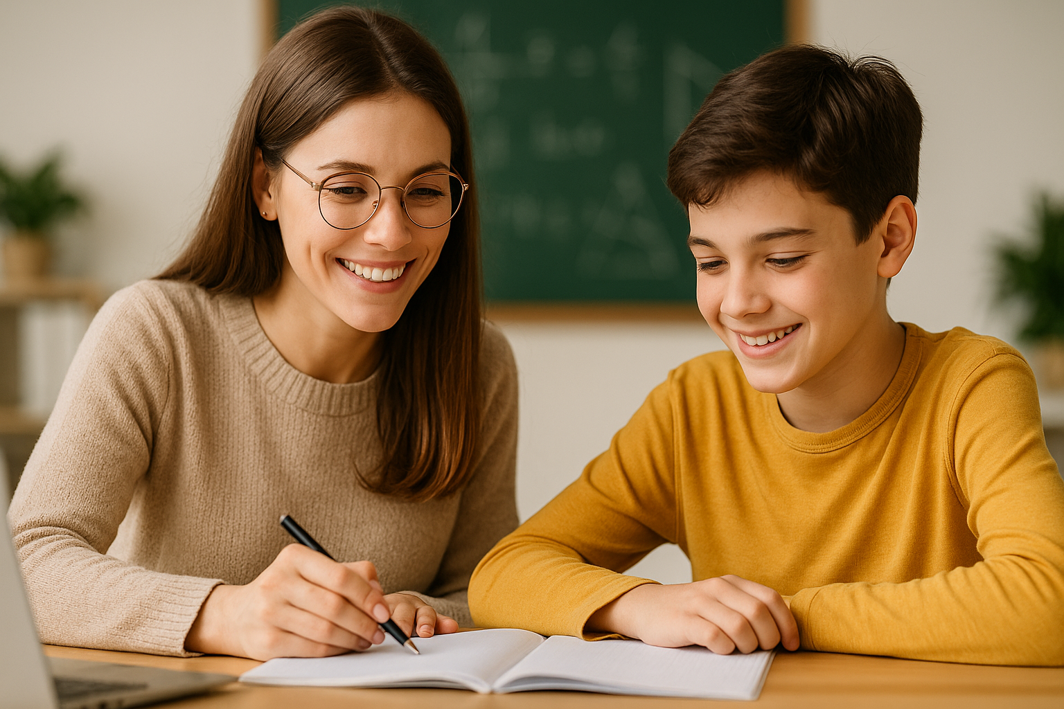 Lehrerin erklärt einem Schüler die Hausaufgaben